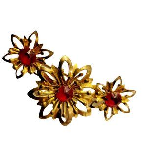 Vintage Victorian Style Brooch Pin Red Glass Jewels & Cut out Brass flowers